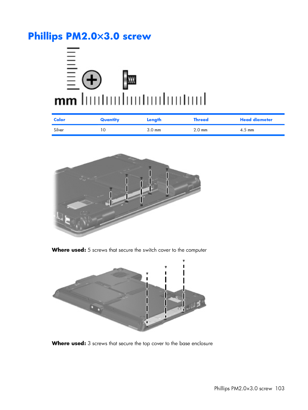 HP 2210B manual Phillips PM2.0×3.0 screw, Color Quantity Length Thread Head diameter Silver 