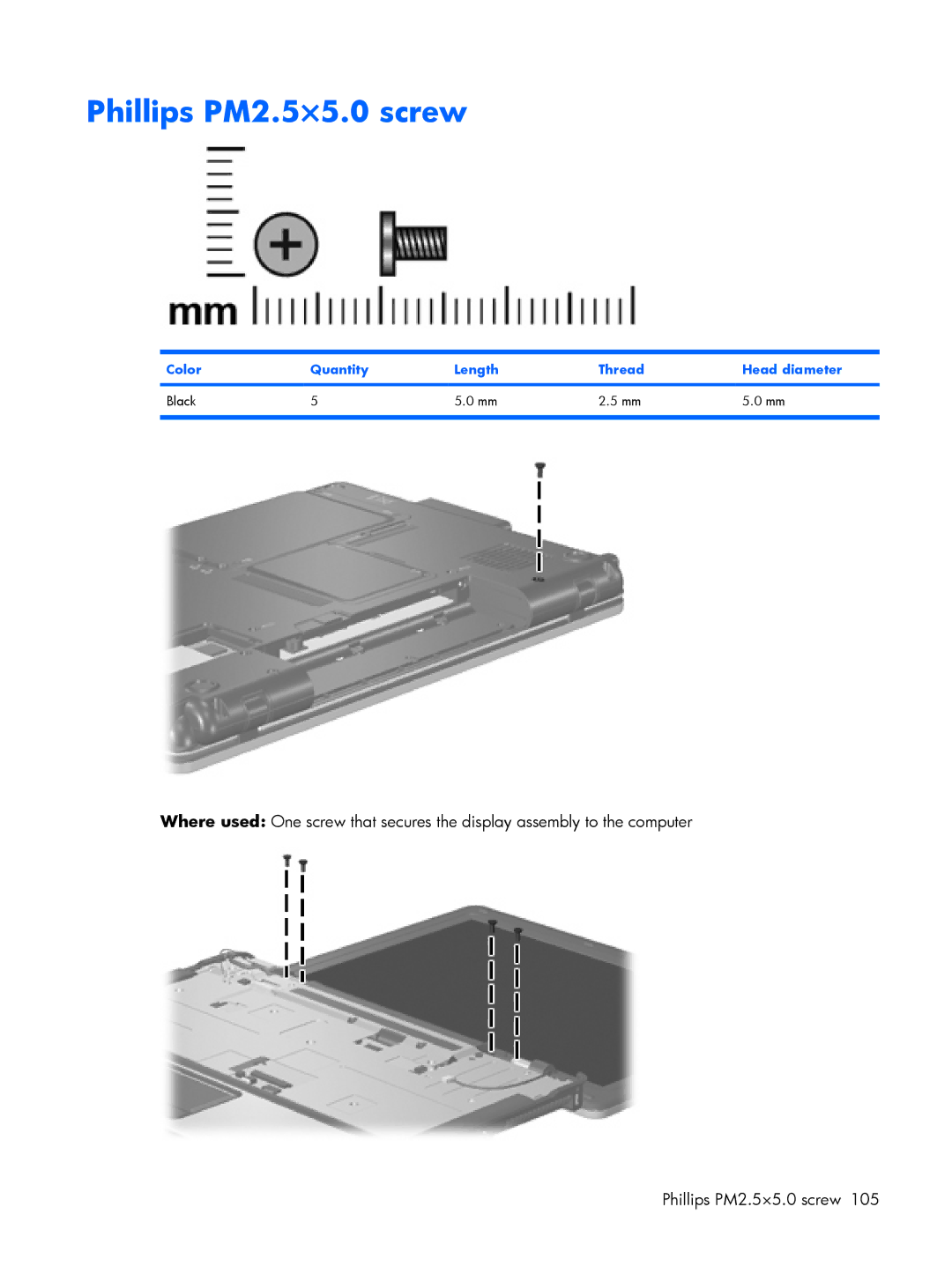 HP 2210B manual Phillips PM2.5×5.0 screw, Color Quantity Length Thread Head diameter Black 