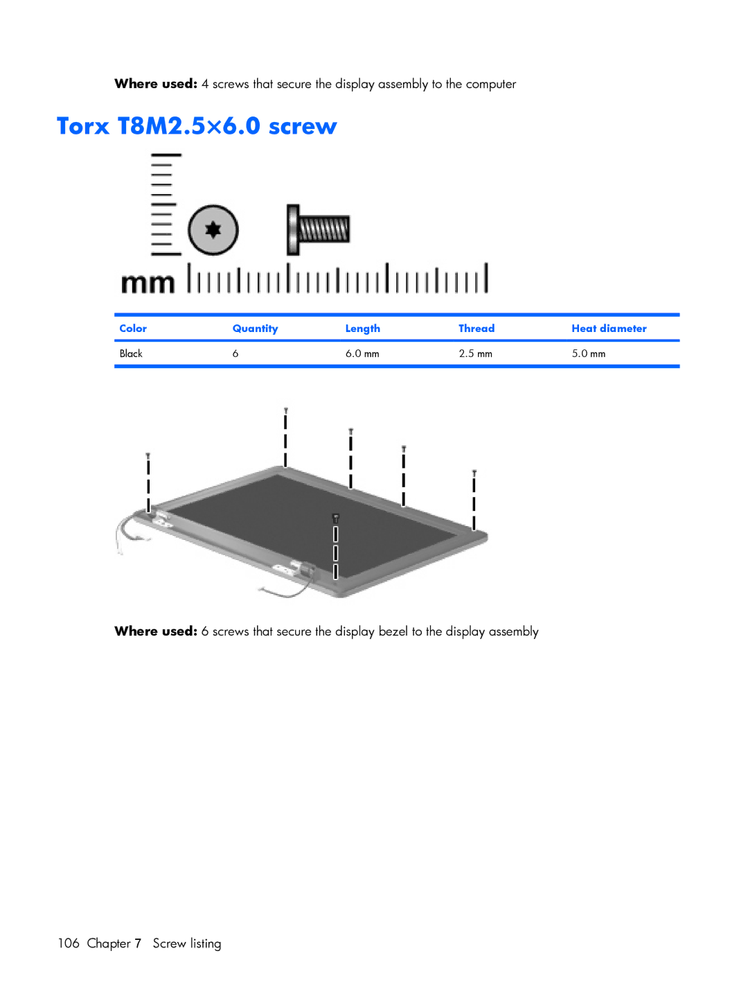 HP 2210B manual Torx T8M2.5×6.0 screw, Color Quantity Length Thread Heat diameter Black 