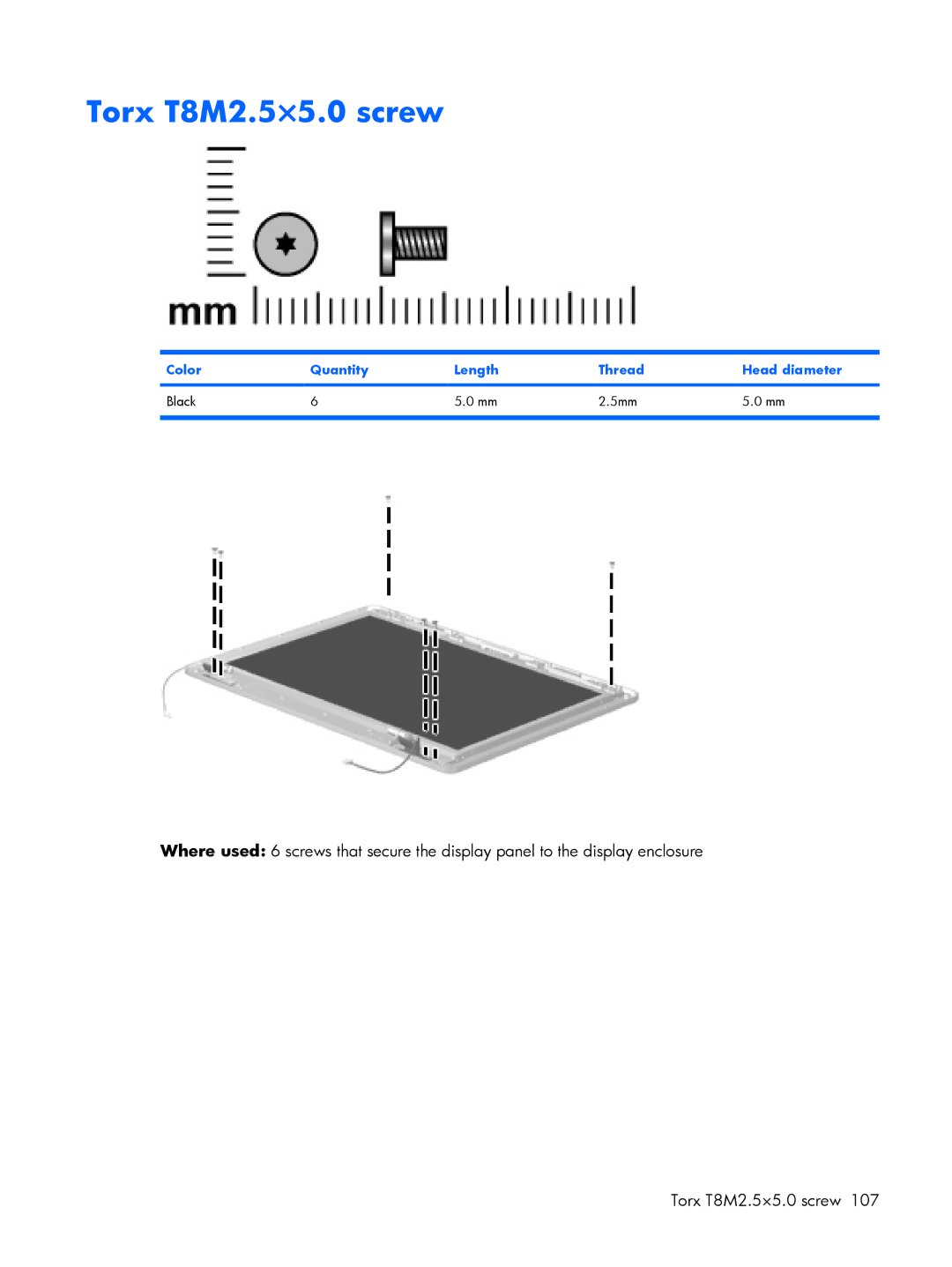 HP 2210B manual Torx T8M2.5×5.0 screw, Color Quantity Length Thread Head diameter Black 5mm 