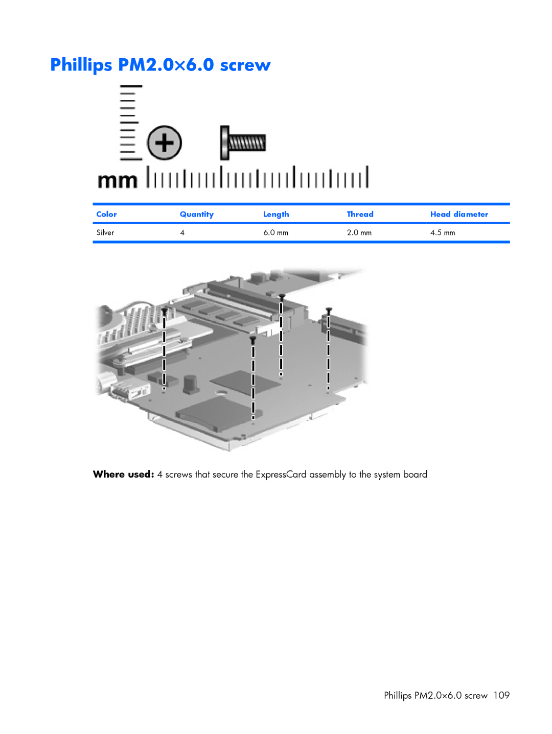 HP 2210B manual Phillips PM2.0×6.0 screw, Color Quantity Length Thread Head diameter Silver 