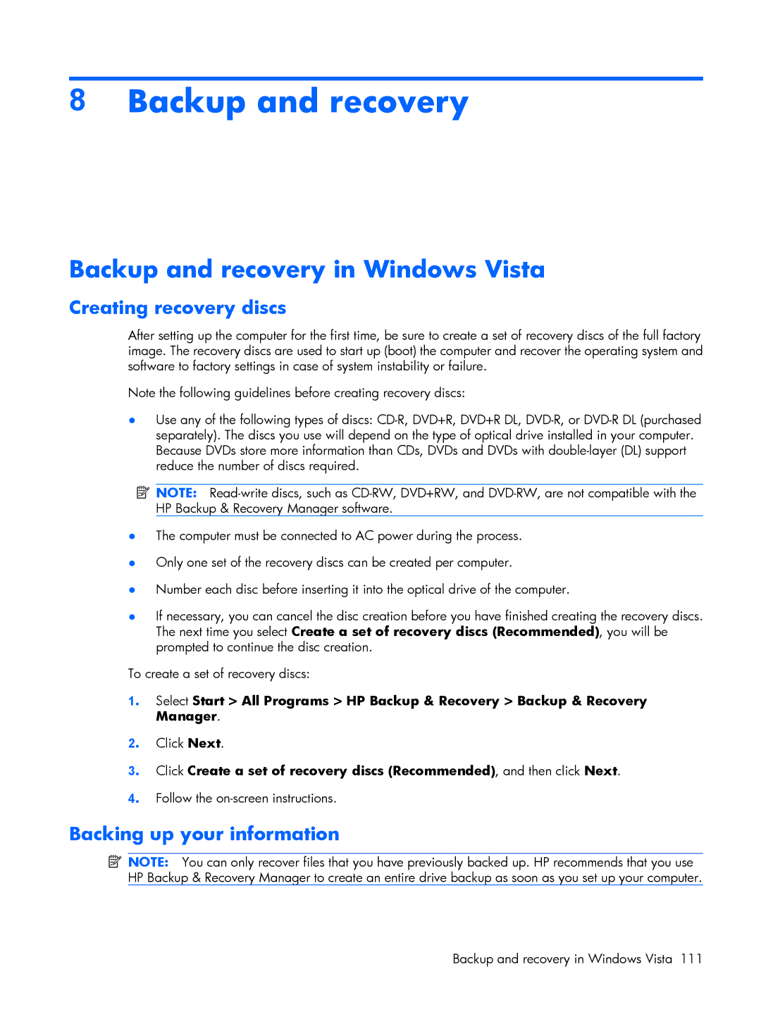 HP 2210B manual Backup and recovery in Windows Vista, Creating recovery discs, Backing up your information 