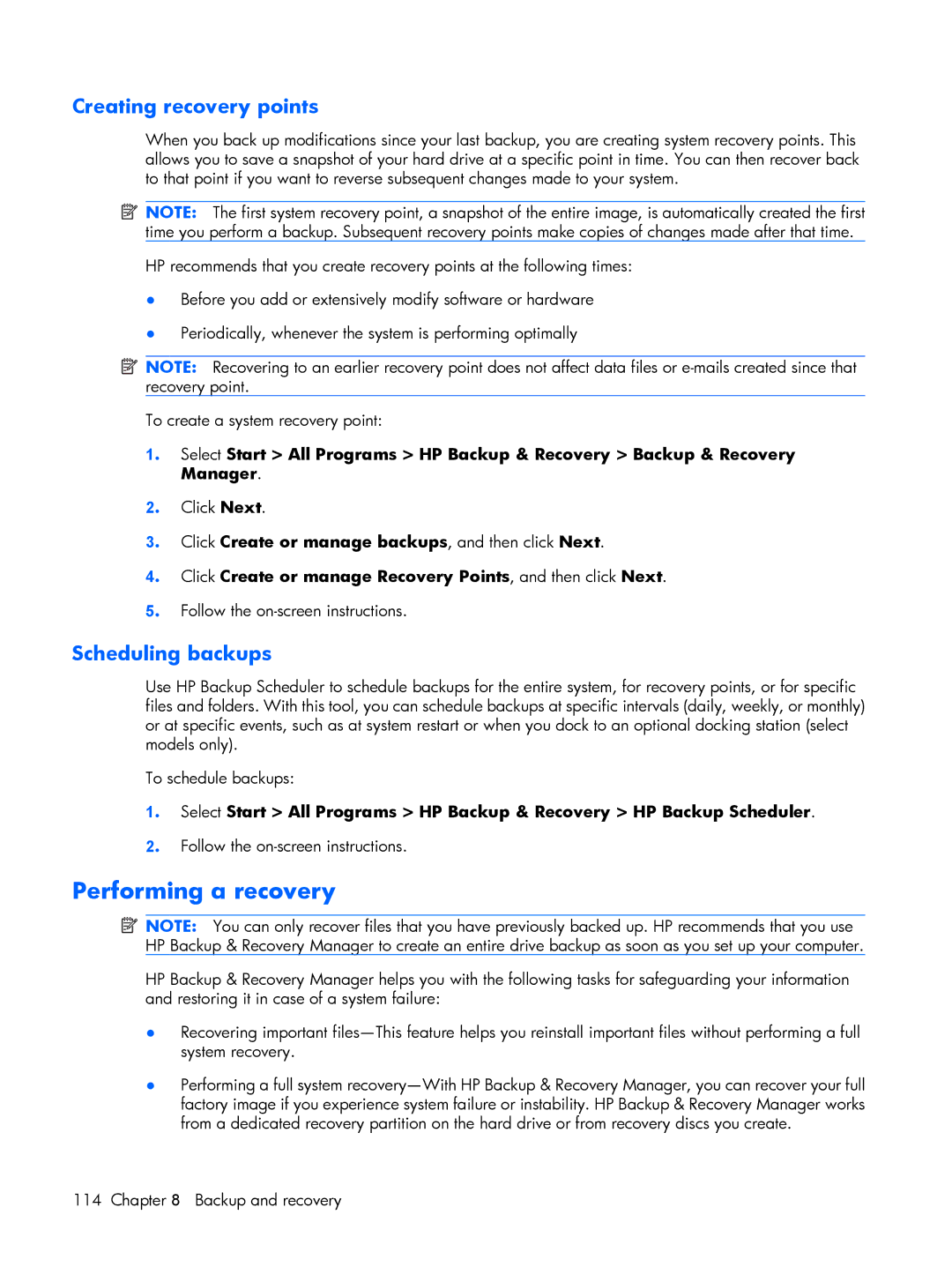 HP 2210B manual Performing a recovery, Creating recovery points 