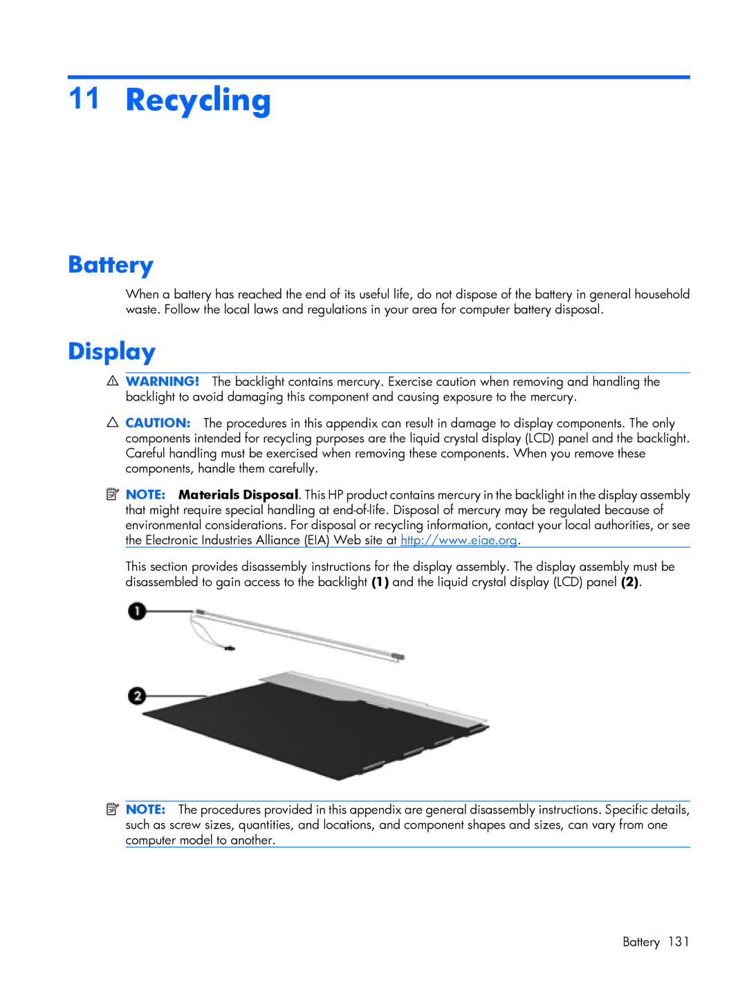 HP 2210B manual Recycling, Battery, Display 