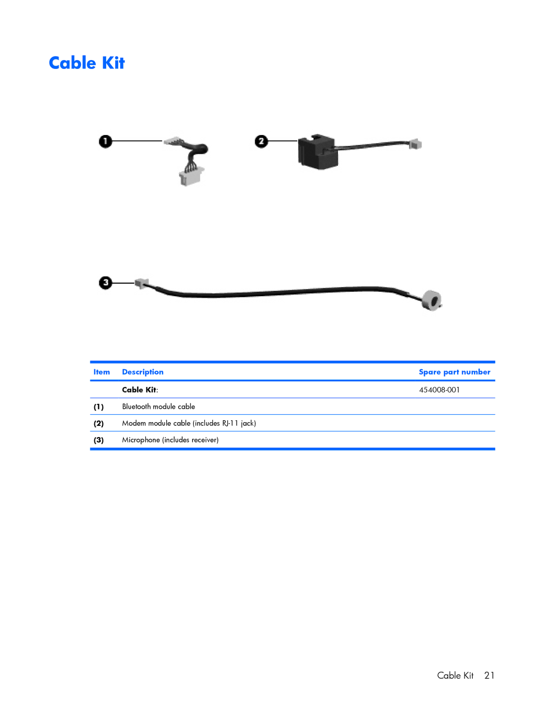 HP 2210B manual Item Description Spare part number Cable Kit 454008-001 