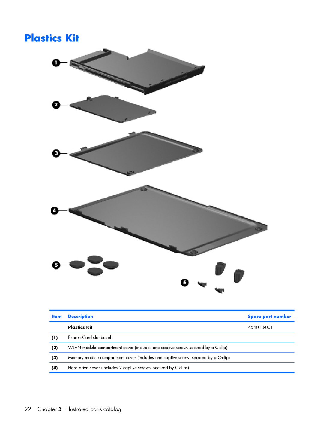 HP 2210B manual Item Description Spare part number Plastics Kit 454010-001 