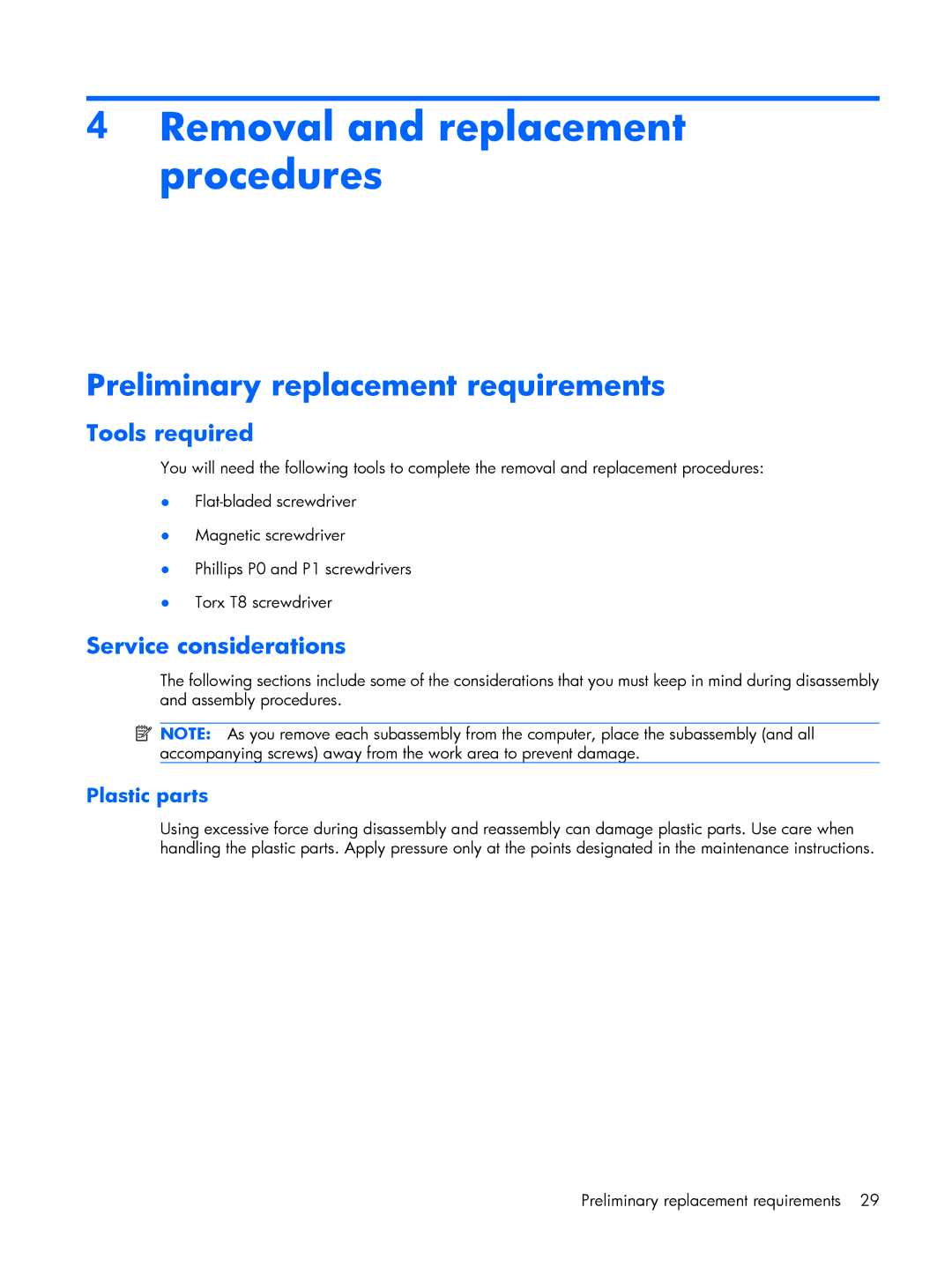 HP 2210B Removal and replacement procedures, Preliminary replacement requirements, Tools required, Service considerations 