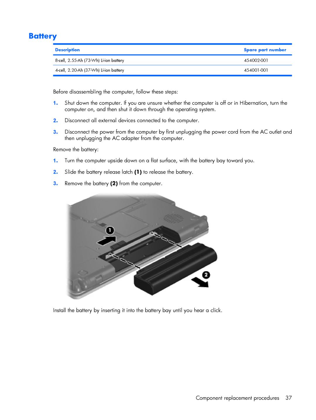 HP 2210B manual Battery, Description Spare part number 