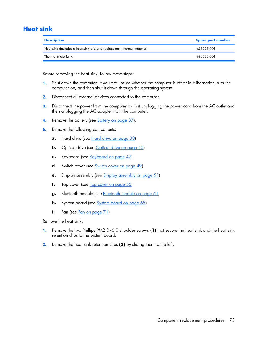 HP 2210B manual Heat sink, Description Spare part number 