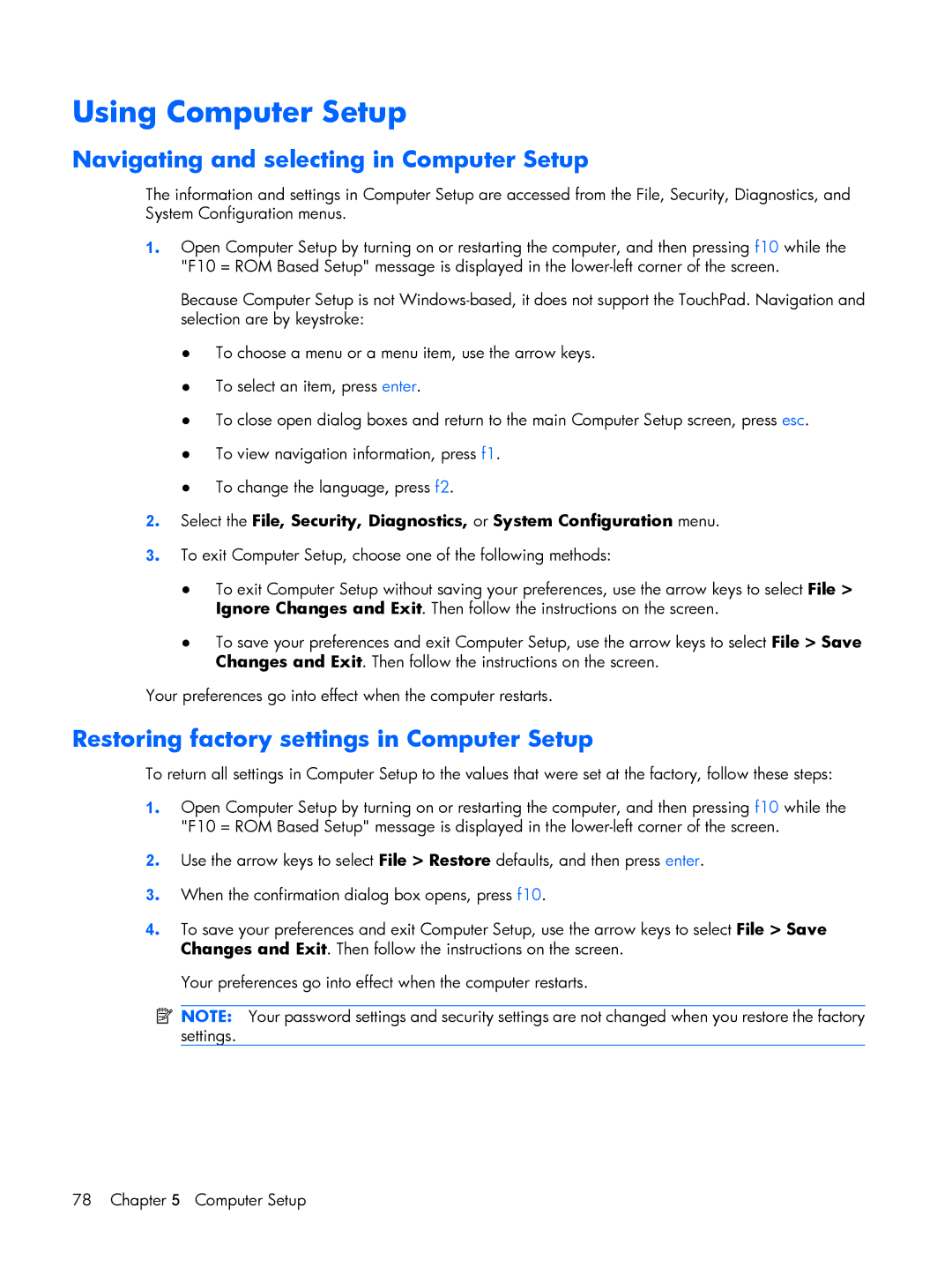 HP 2210B Using Computer Setup, Navigating and selecting in Computer Setup, Restoring factory settings in Computer Setup 