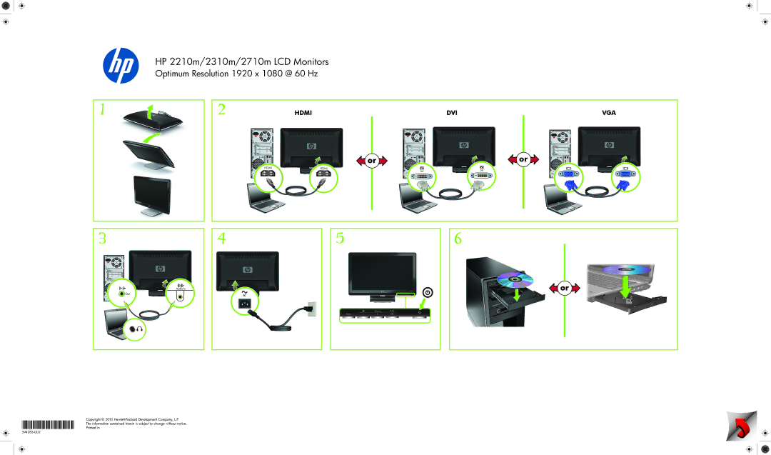 HP 2710m 27-inch manual HP 2210m/2310m/2710m LCD Monitors, Optimum Resolution 1920 x 1080 @ 60 Hz, Hdmi DVI VGA 