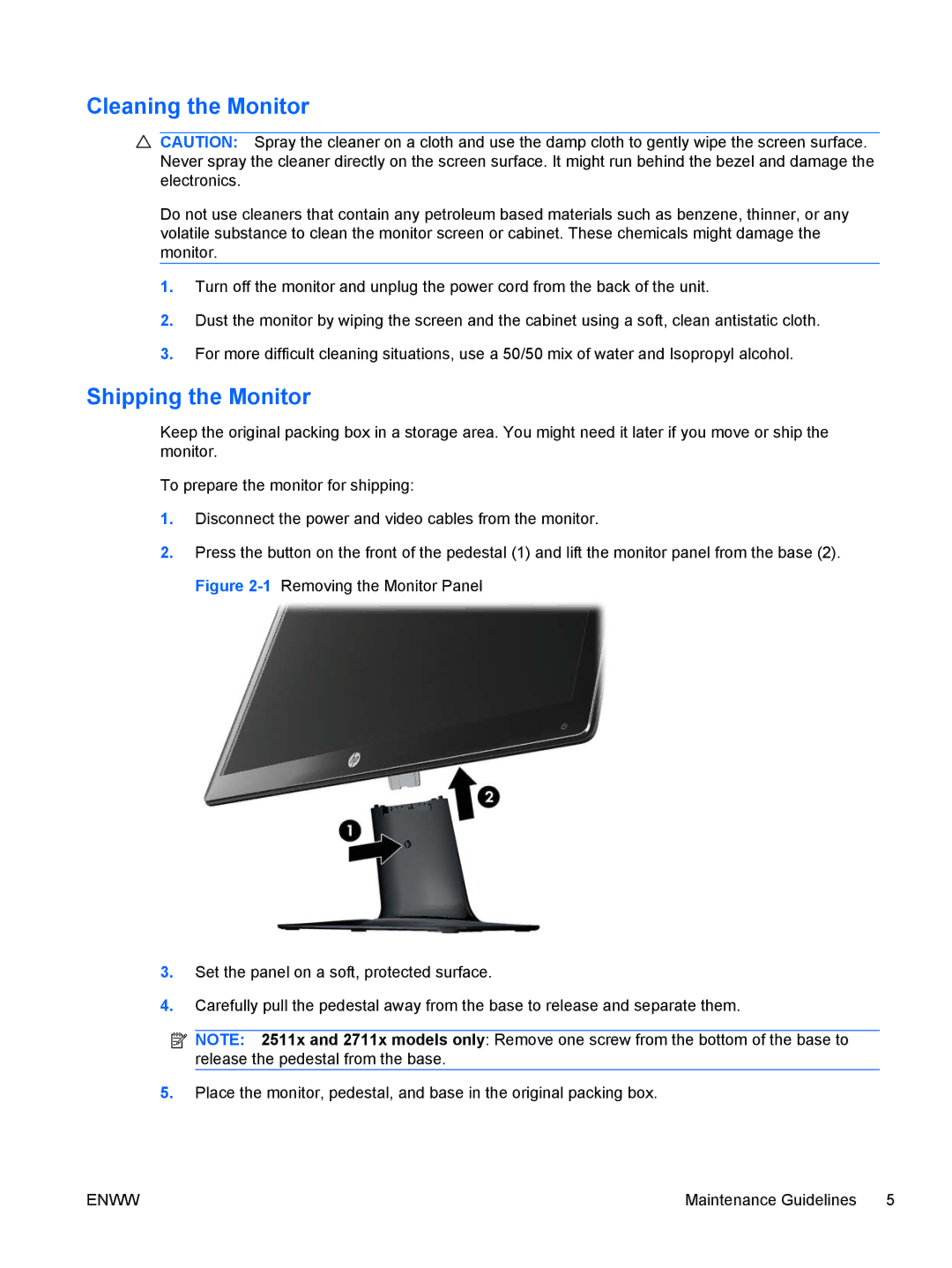 HP 2011x/2011s, 2211f/2211x, 2511x, 2311cm/2311f/2311x manual Cleaning the Monitor, Shipping the Monitor 