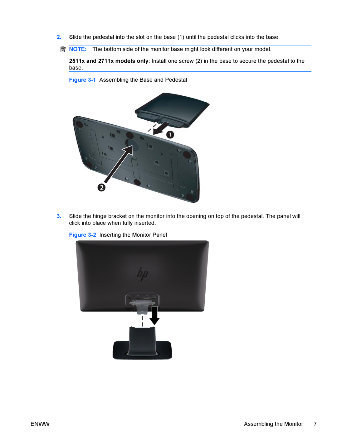 HP 2511x, 2211f/2211x, 2311cm/2311f/2311x, 2011x/2011s manual 2Inserting the Monitor Panel 