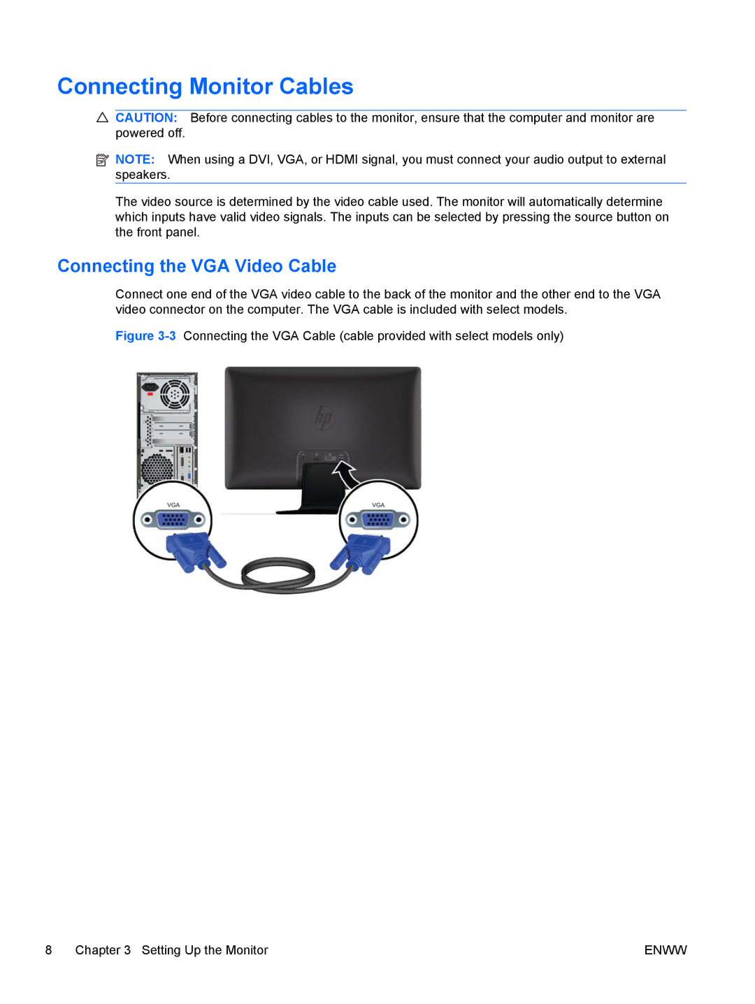 HP 2311cm/2311f/2311x, 2211f/2211x, 2511x, 2011x/2011s manual Connecting Monitor Cables, Connecting the VGA Video Cable 