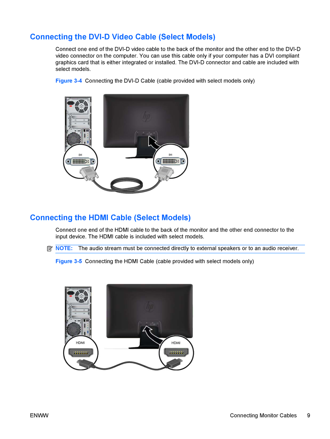 HP 2011x/2011s, 2211f/2211x, 2511x Connecting the DVI-D Video Cable Select Models, Connecting the Hdmi Cable Select Models 