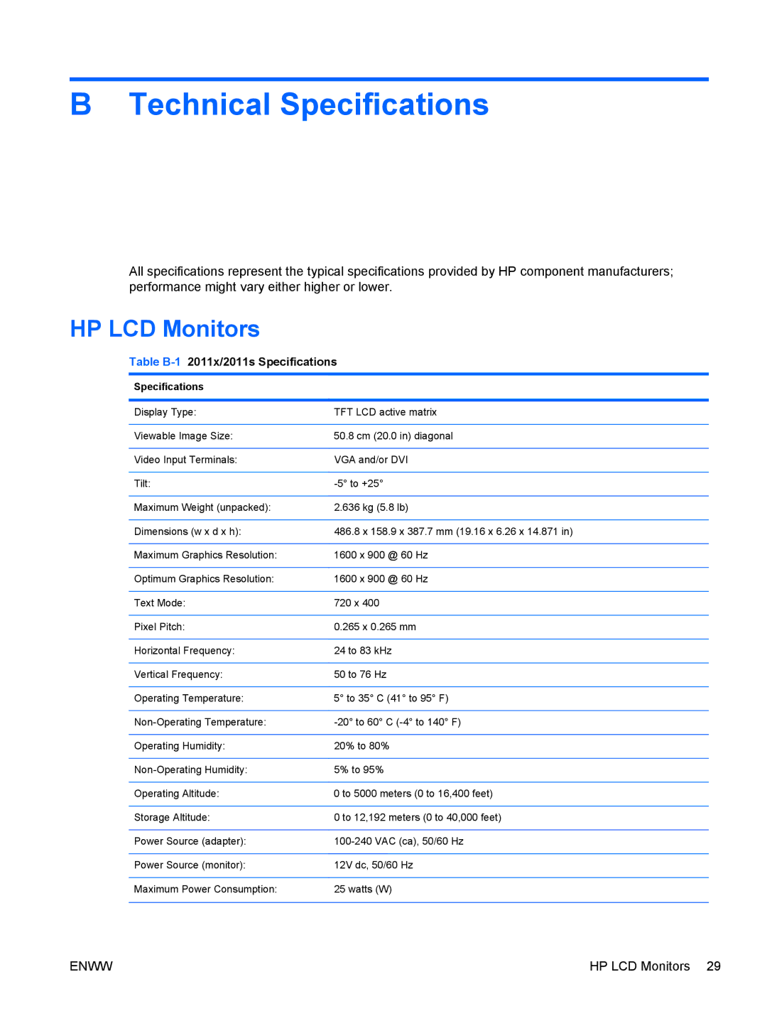 HP 2211f/2211x, 2511x, 2311cm/2311f/2311x Technical Specifications, HP LCD Monitors, Table B-12011x/2011s Specifications 