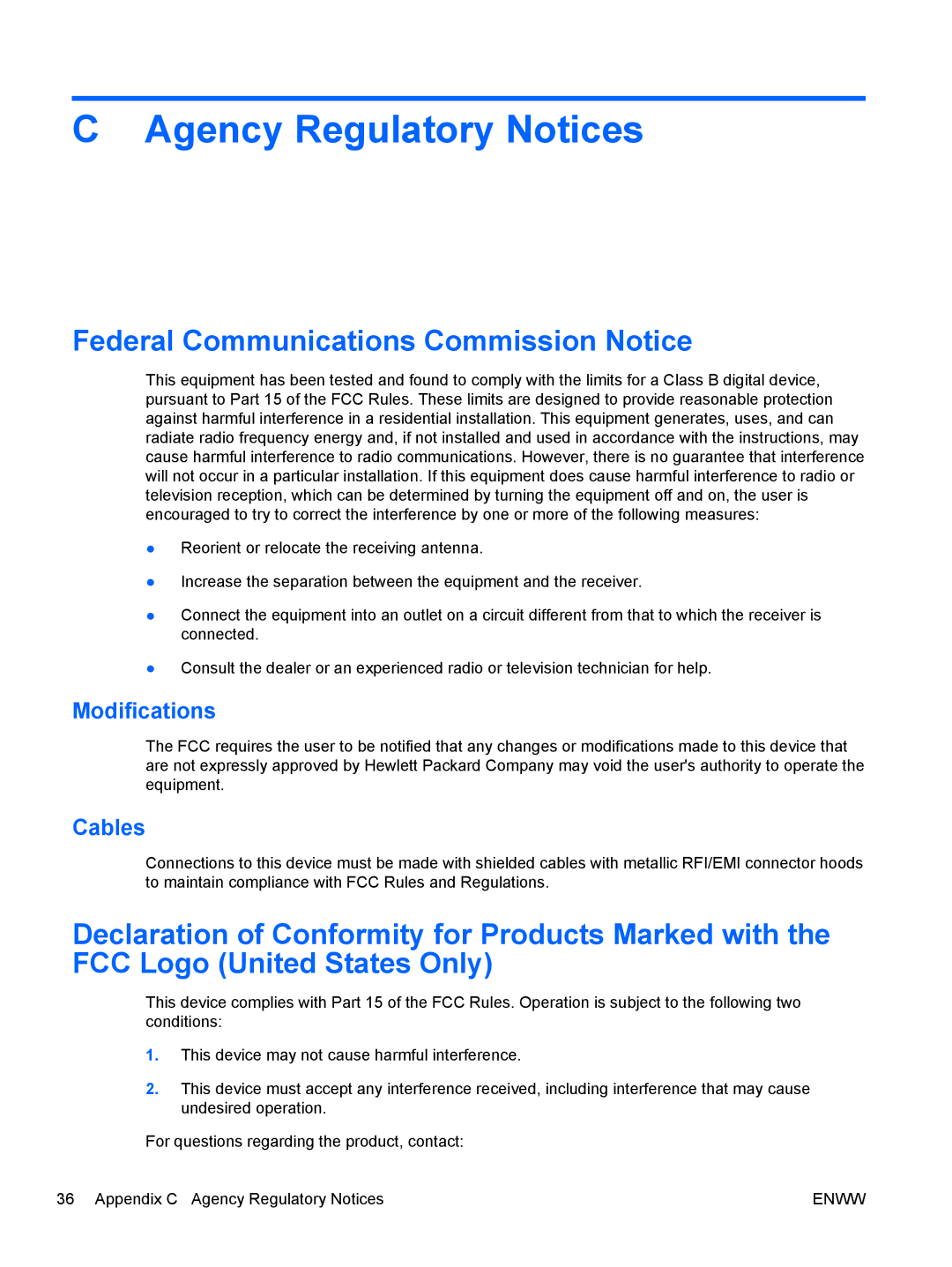 HP 2311cm/2311f/2311x, 2511x Agency Regulatory Notices, Federal Communications Commission Notice, Modifications, Cables 