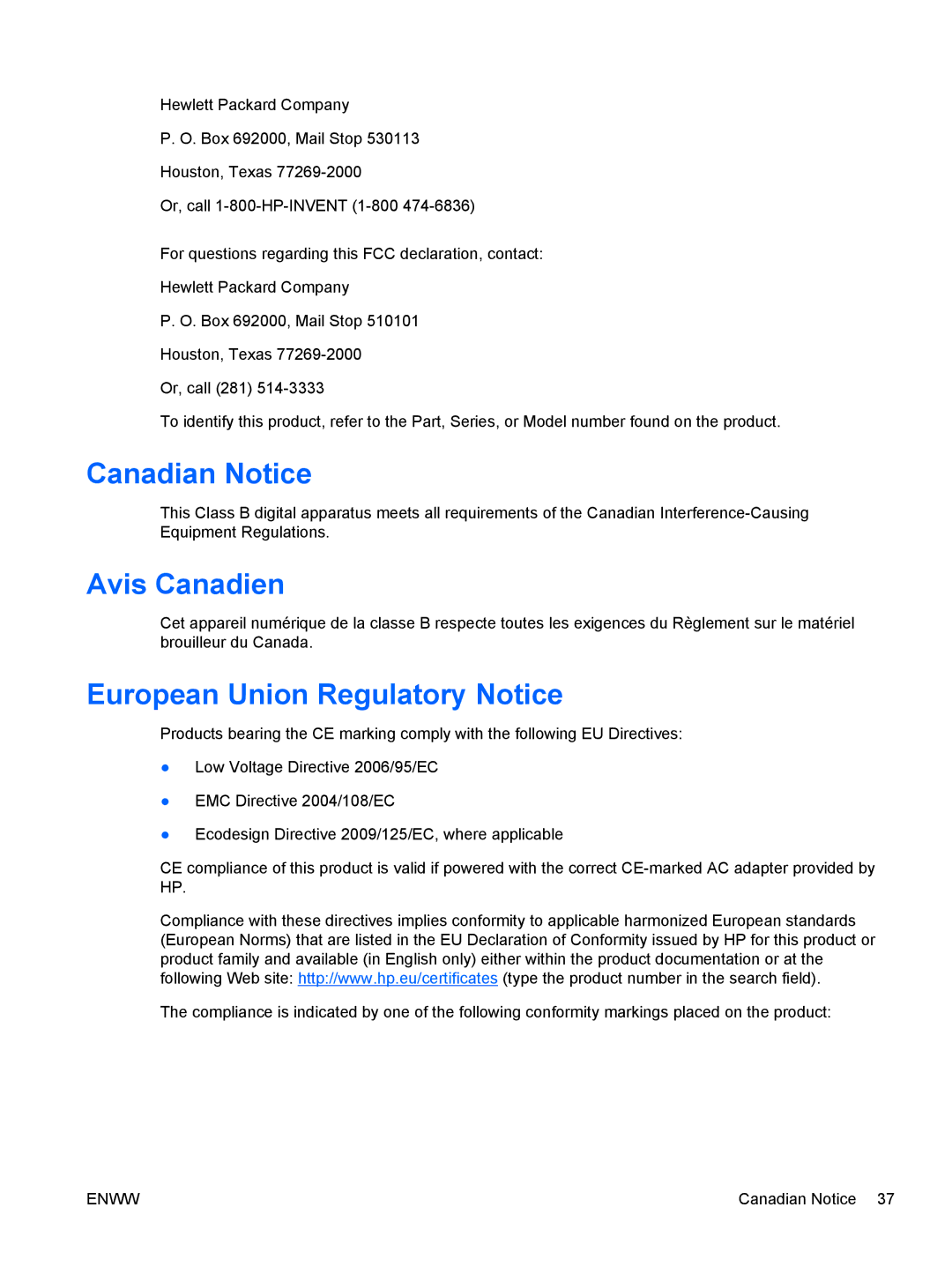 HP 2011x/2011s, 2211f/2211x, 2511x, 2311cm/2311f/2311x manual Canadian Notice, Avis Canadien, European Union Regulatory Notice 