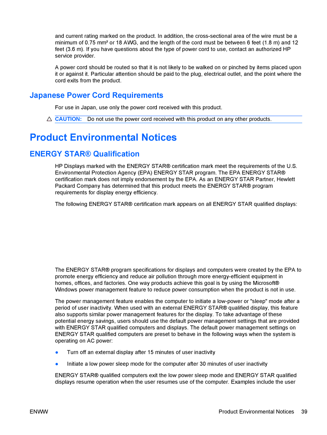 HP 2511x, 2211f/2211x manual Product Environmental Notices, Japanese Power Cord Requirements, Energy Star Qualification 