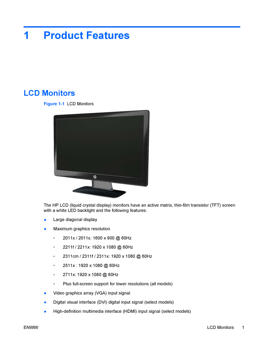 HP 2011x/2011s, 2211f/2211x, 2511x, 2311cm/2311f/2311x manual Product Features, LCD Monitors 