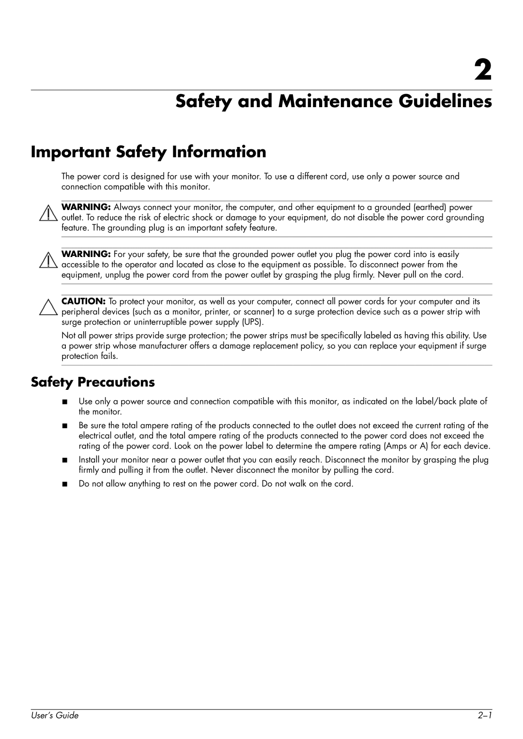 HP W2448H/HC, 2229H, W2558HC, W2228H Safety and Maintenance Guidelines, Important Safety Information, Safety Precautions 