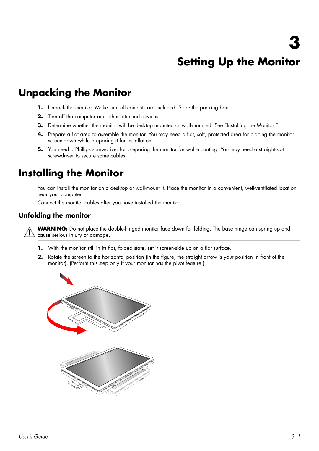 HP W2558HC, 2229H, W2228H manual Setting Up the Monitor, Unpacking the Monitor, Installing the Monitor, Unfolding the monitor 