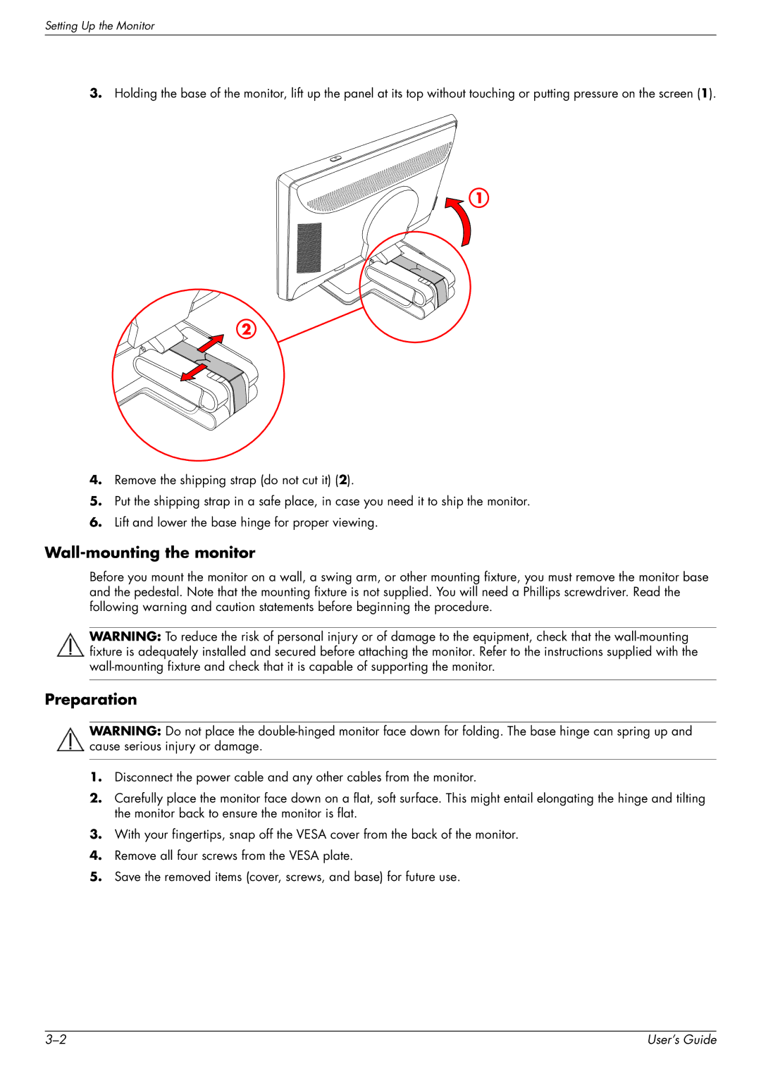 HP W2228H, 2229H, W2558HC, W2448H/HC manual Wall-mounting the monitor, Preparation 