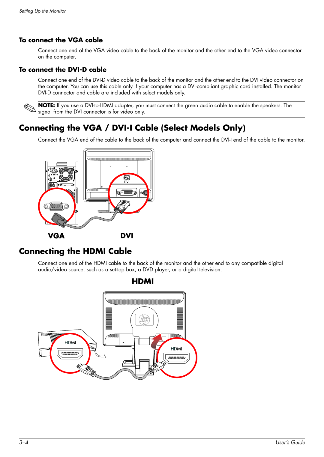 HP 2229H, W2558HC Connecting the VGA / DVI-I Cable Select Models Only, Connecting the Hdmi Cable, To connect the VGA cable 