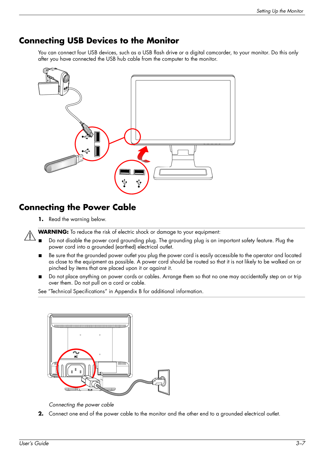 HP W2448H/HC, 2229H, W2558HC, W2228H manual Connecting USB Devices to the Monitor, Connecting the Power Cable 