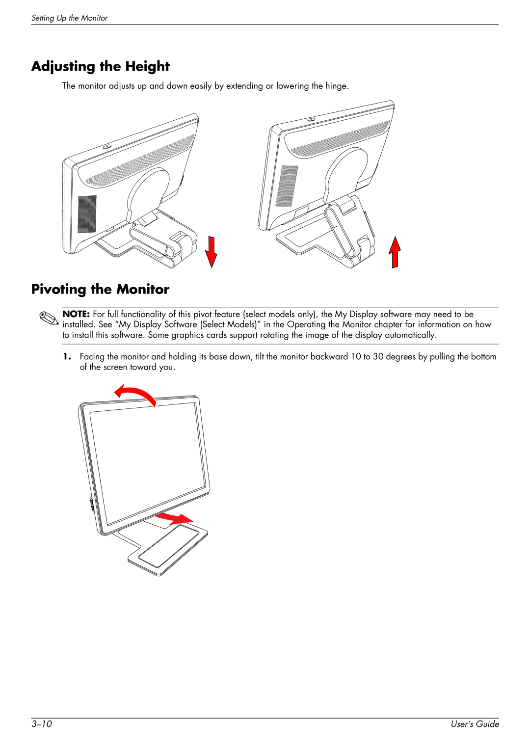 HP W2228H, 2229H, W2558HC, W2448H/HC manual Adjusting the Height, Pivoting the Monitor 