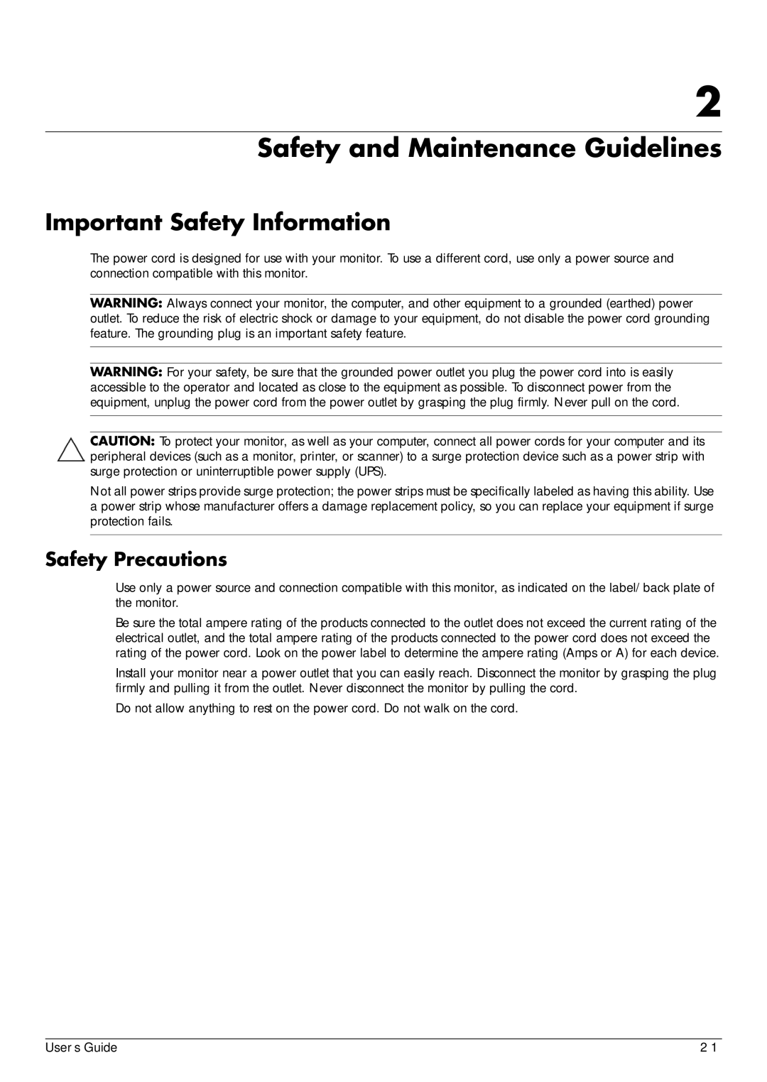 HP W2448H/HC, 2229H, W2558HC, W2228H Safety and Maintenance Guidelines, Important Safety Information, Safety Precautions 