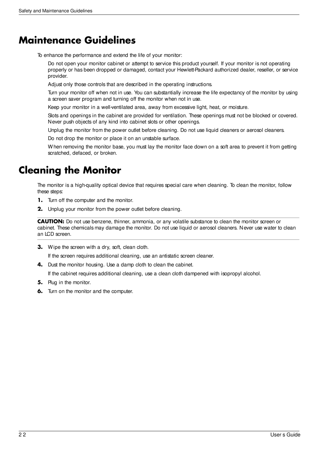 HP 2229H, W2558HC, W2228H, W2448H/HC manual Maintenance Guidelines, Cleaning the Monitor 