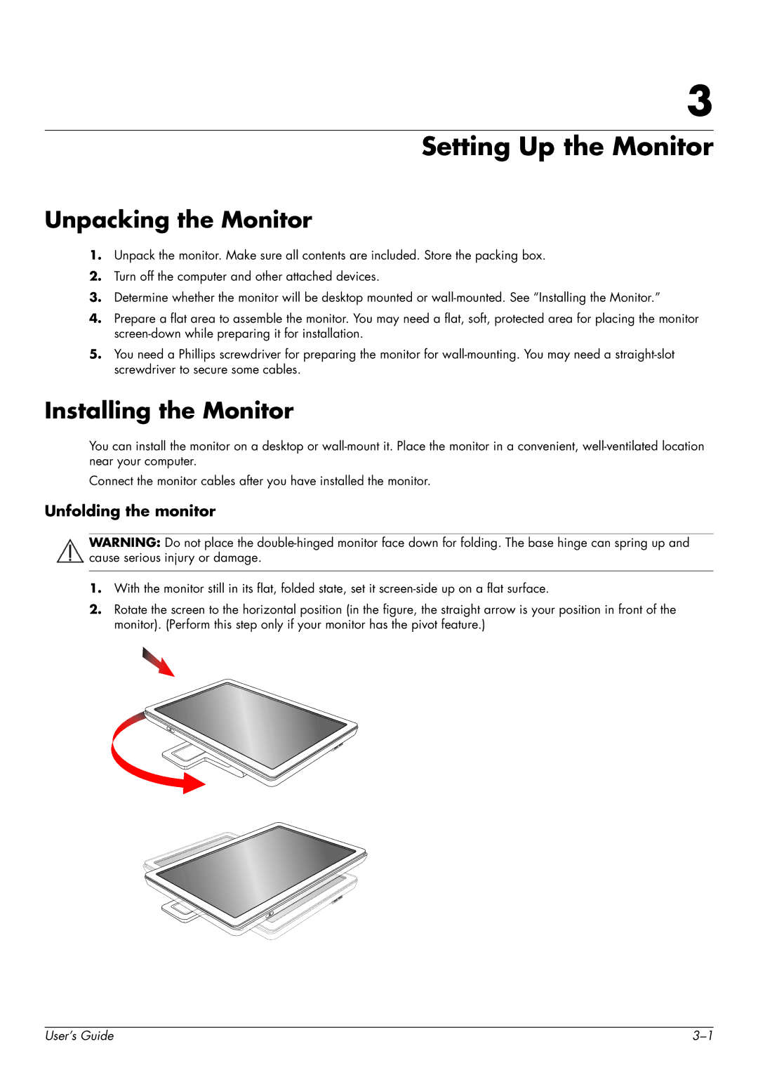 HP W2558HC, 2229H, W2228H manual Setting Up the Monitor, Unpacking the Monitor, Installing the Monitor, Unfolding the monitor 