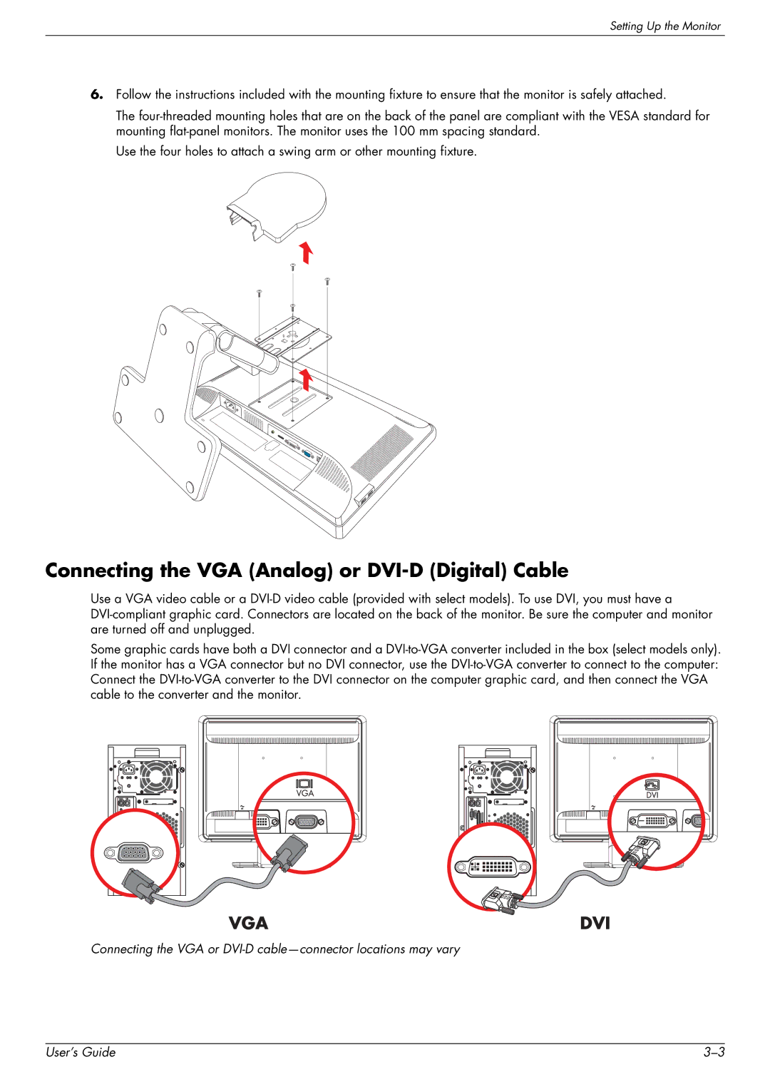 HP W2448H/HC, 2229H, W2558HC, W2228H manual Connecting the VGA Analog or DVI-D Digital Cable 