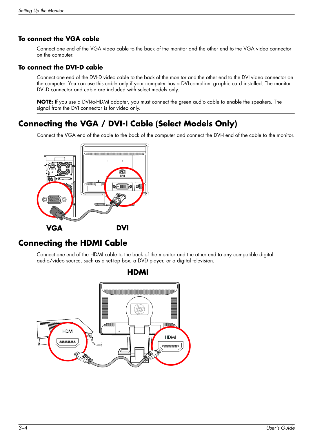 HP 2229H, W2558HC Connecting the VGA / DVI-I Cable Select Models Only, Connecting the Hdmi Cable, To connect the VGA cable 