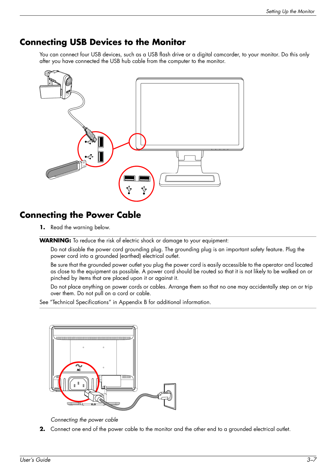 HP W2448H/HC, 2229H, W2558HC, W2228H manual Connecting USB Devices to the Monitor, Connecting the Power Cable 