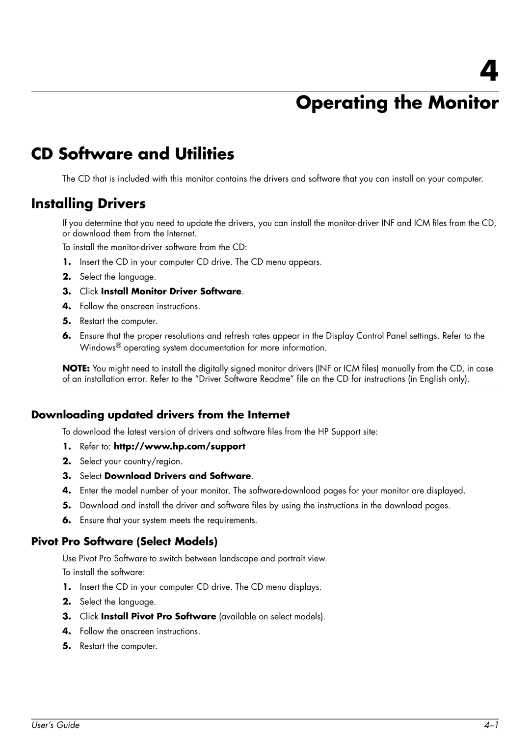 HP W2558HC, 2229H Operating the Monitor, CD Software and Utilities, Installing Drivers, Pivot Pro Software Select Models 