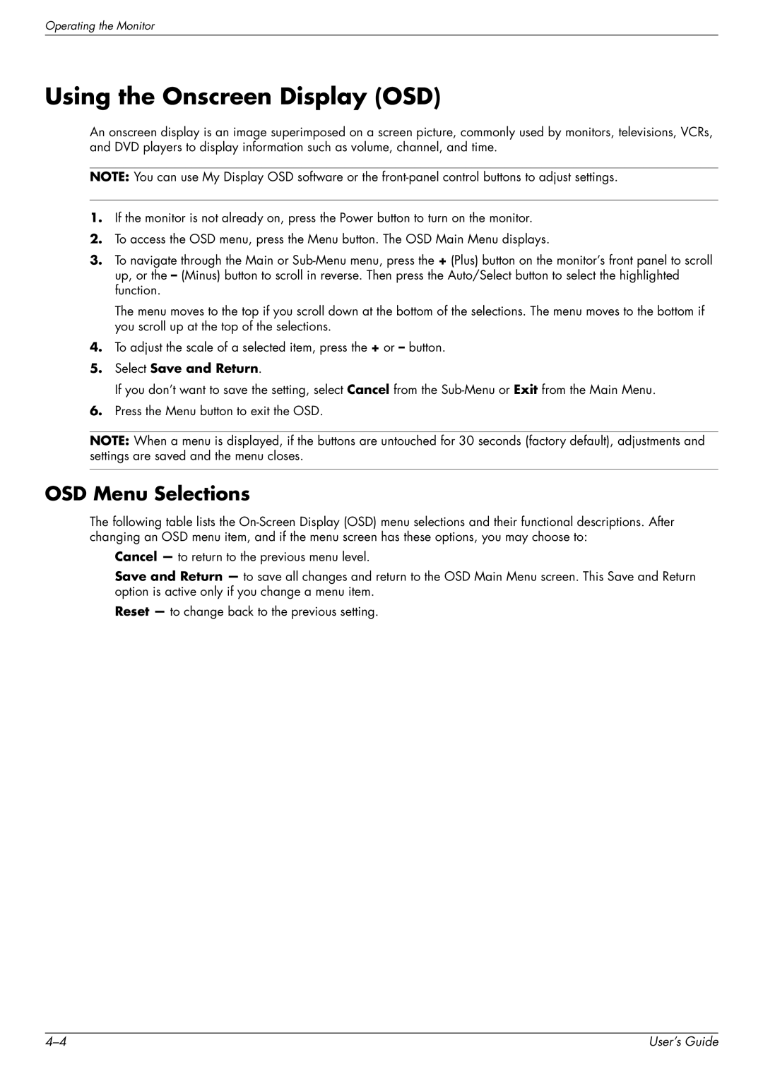 HP 2229H, W2558HC, W2228H, W2448H/HC manual Using the Onscreen Display OSD, OSD Menu Selections 