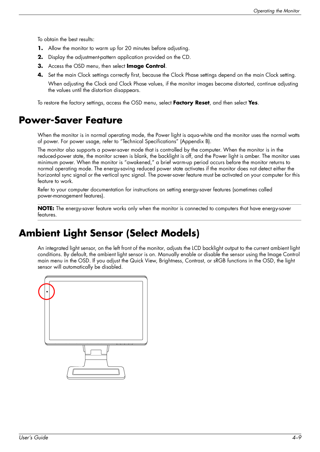 HP W2558HC, 2229H, W2228H, W2448H/HC manual Power-Saver Feature, Ambient Light Sensor Select Models 