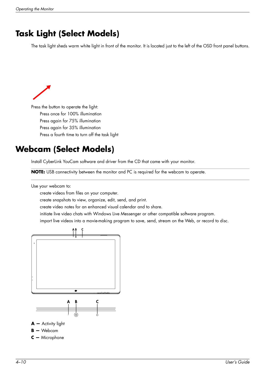 HP W2228H, 2229H, W2558HC, W2448H/HC manual Task Light Select Models, Webcam Select Models 