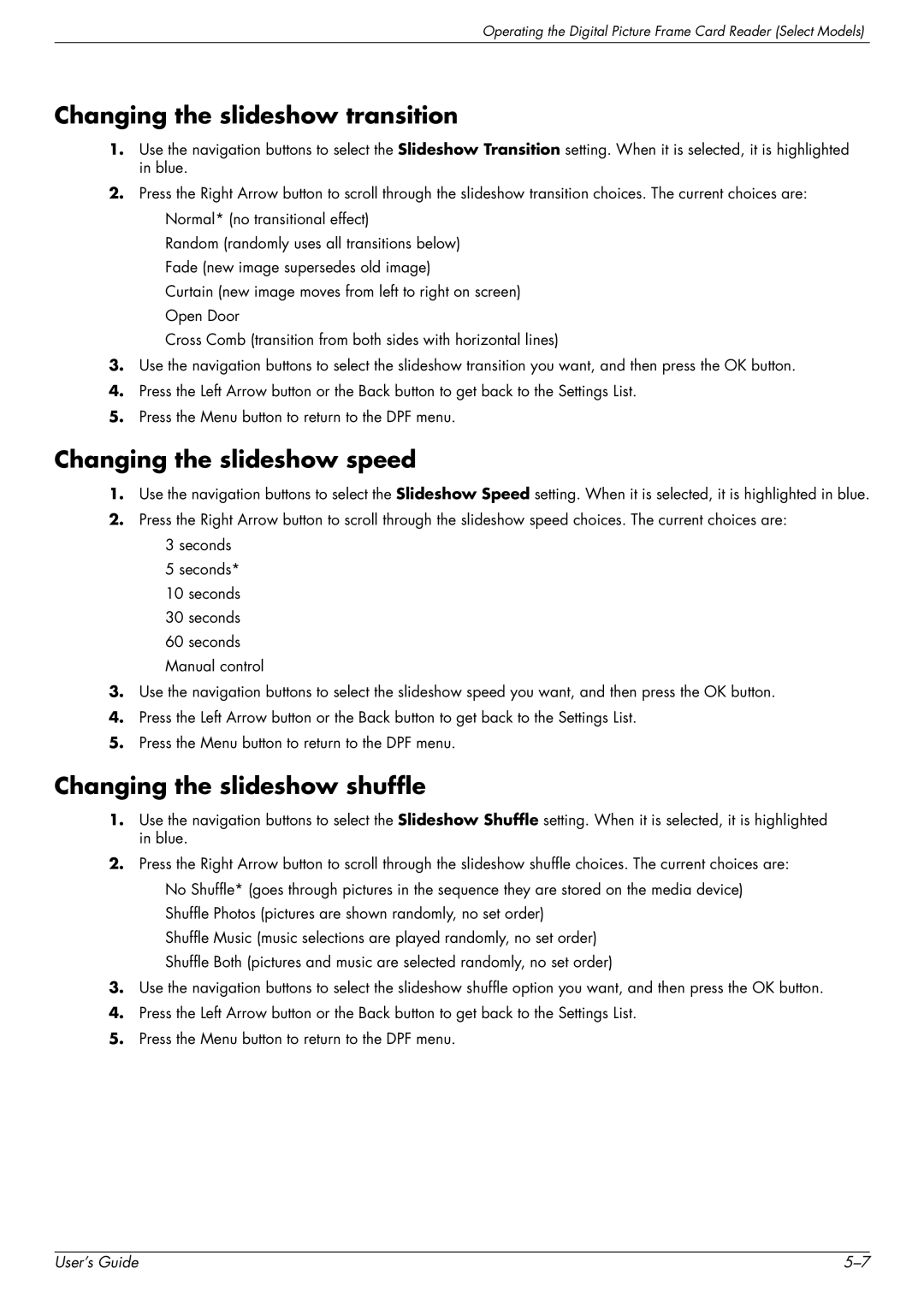 HP W2448H/HC, 2229H, W2228H Changing the slideshow transition, Changing the slideshow speed, Changing the slideshow shuffle 