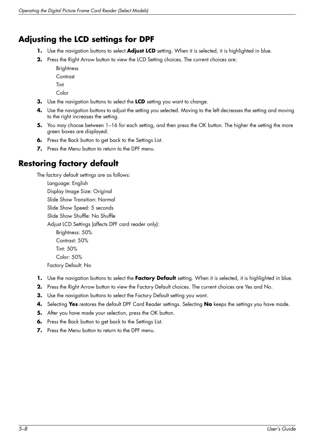 HP 2229H, W2558HC, W2228H, W2448H/HC manual Adjusting the LCD settings for DPF, Restoring factory default 