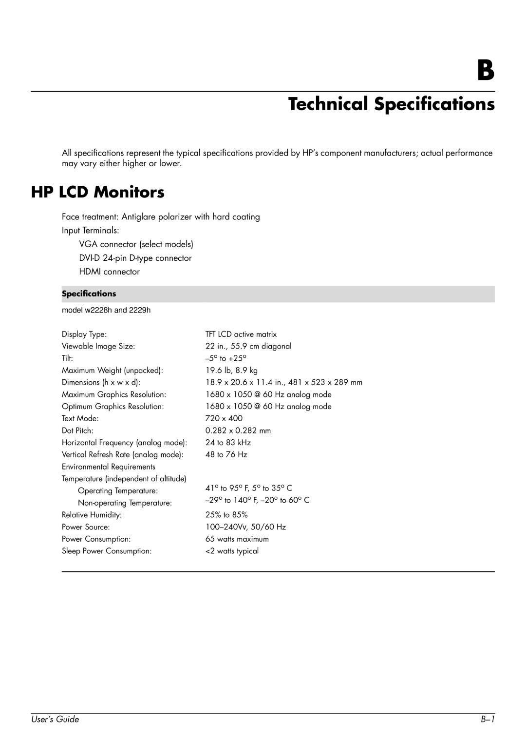 HP W2448H/HC, 2229H, W2558HC, W2228H manual Technical Specifications, Model w2228h and 2229h 