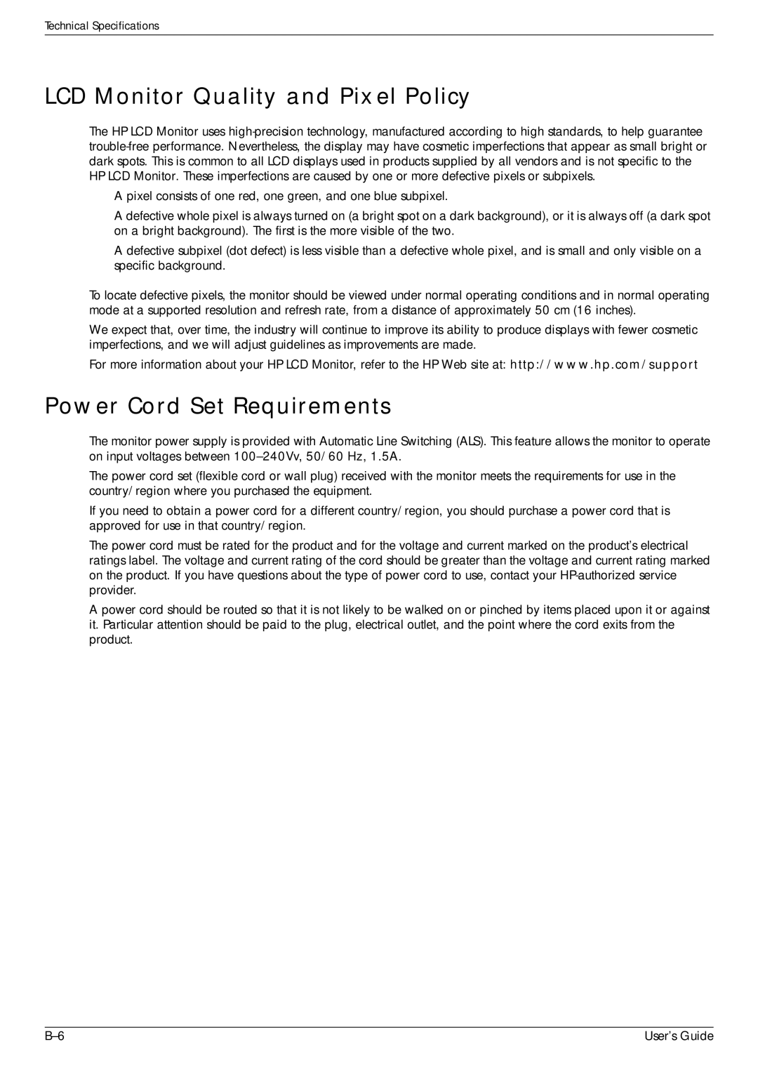 HP 2229H, W2558HC, W2228H, W2448H/HC manual LCD Monitor Quality and Pixel Policy, Power Cord Set Requirements 