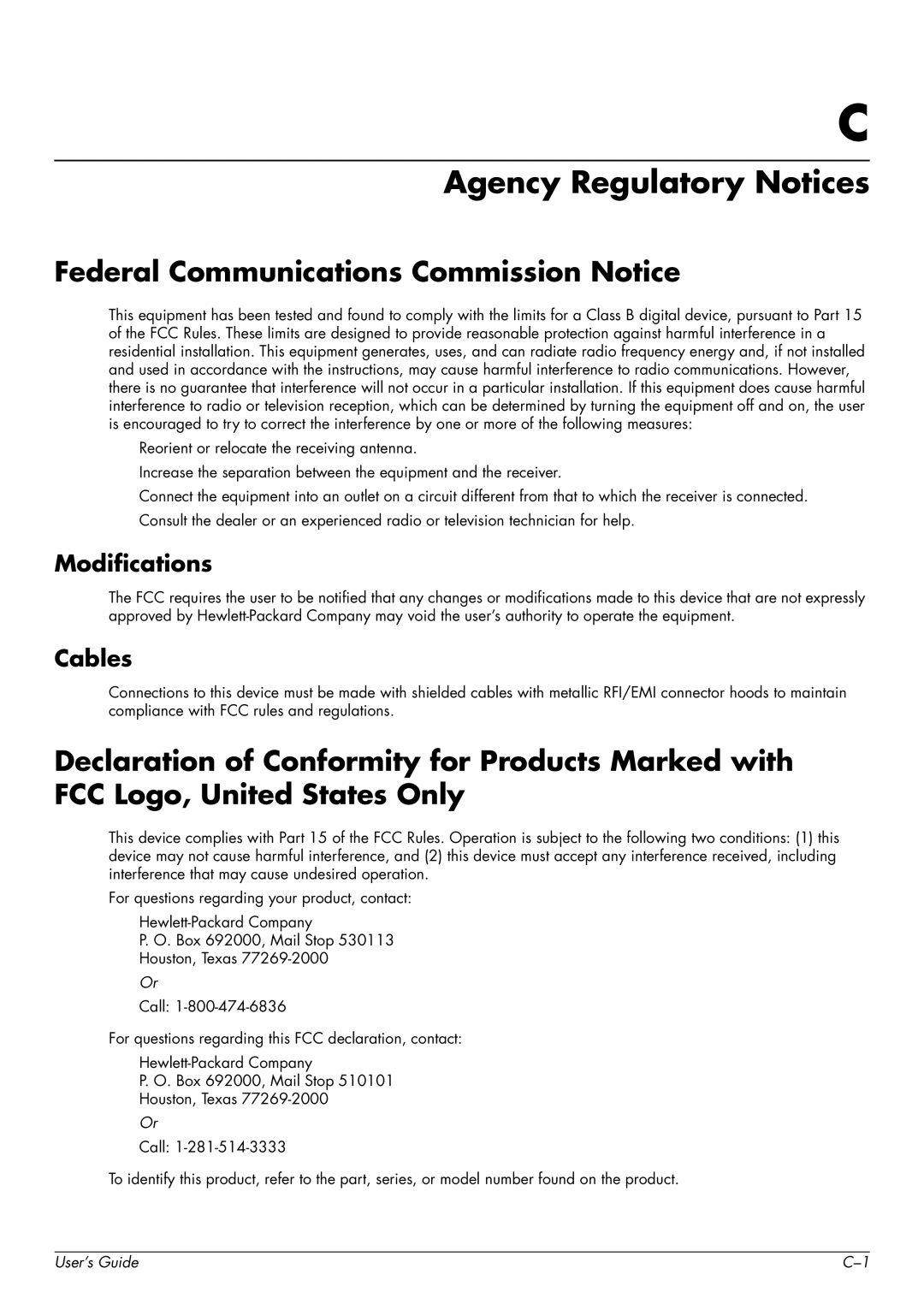 HP W2558HC, 2229H, W2228H manual Agency Regulatory Notices, Federal Communications Commission Notice, Modifications, Cables 