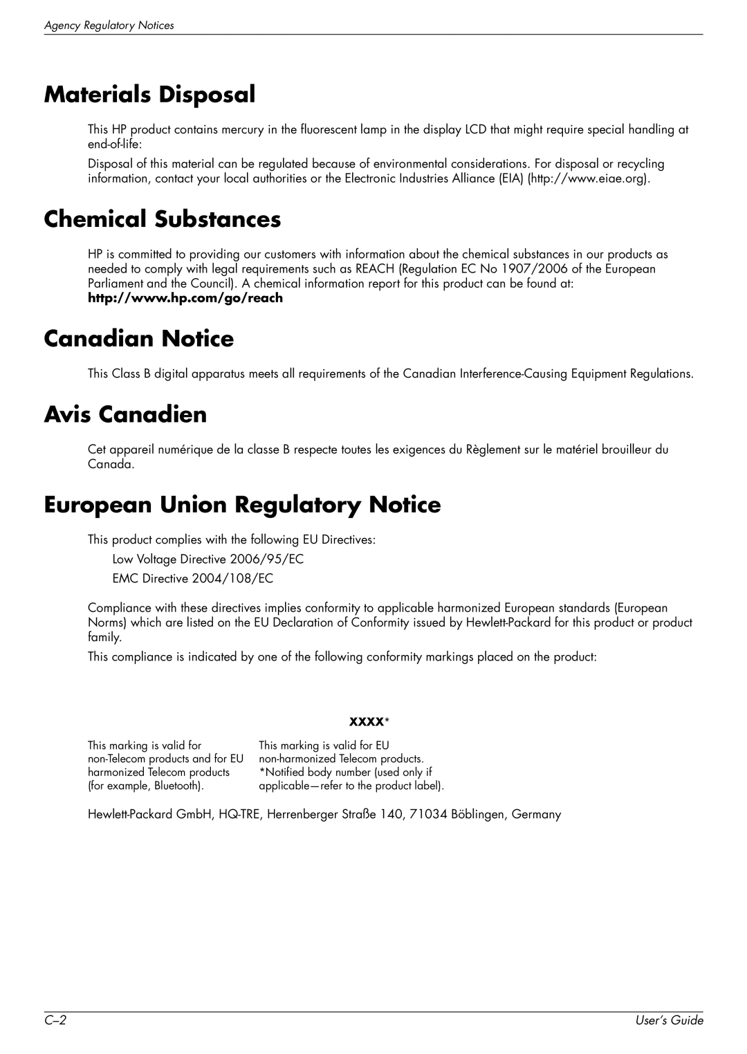 HP W2228H, 2229H Materials Disposal, Chemical Substances Canadian Notice, Avis Canadien, European Union Regulatory Notice 