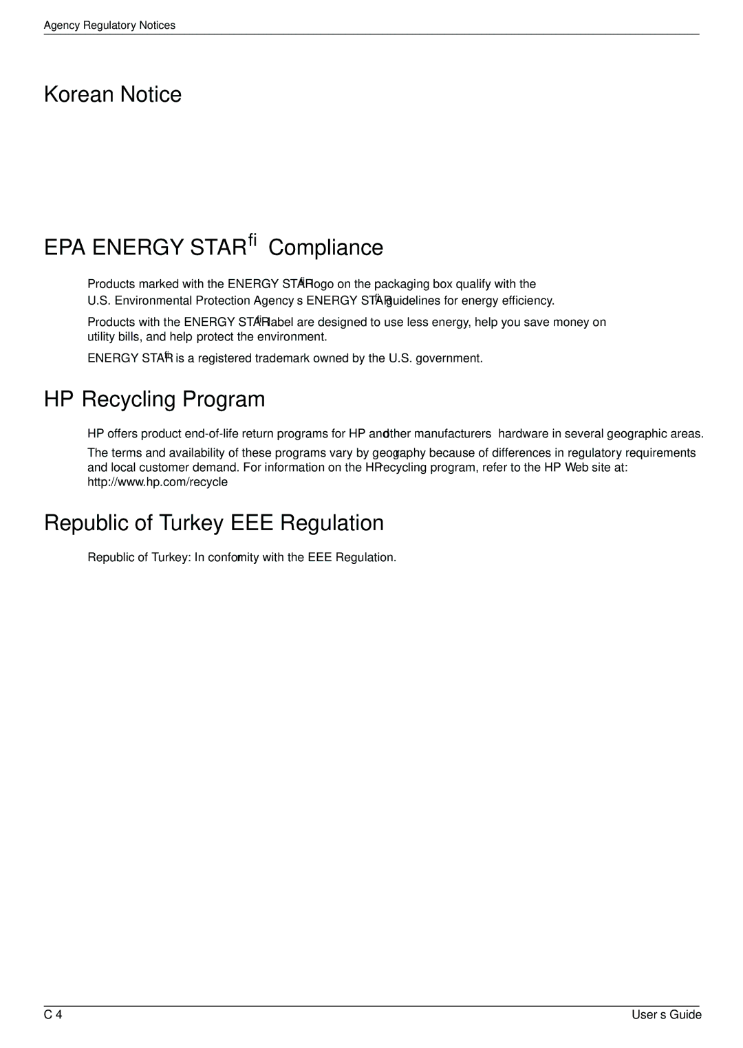 HP 2229H, W2558HC, W2228H Korean Notice EPA Energy Star Compliance, HP Recycling Program, Republic of Turkey EEE Regulation 