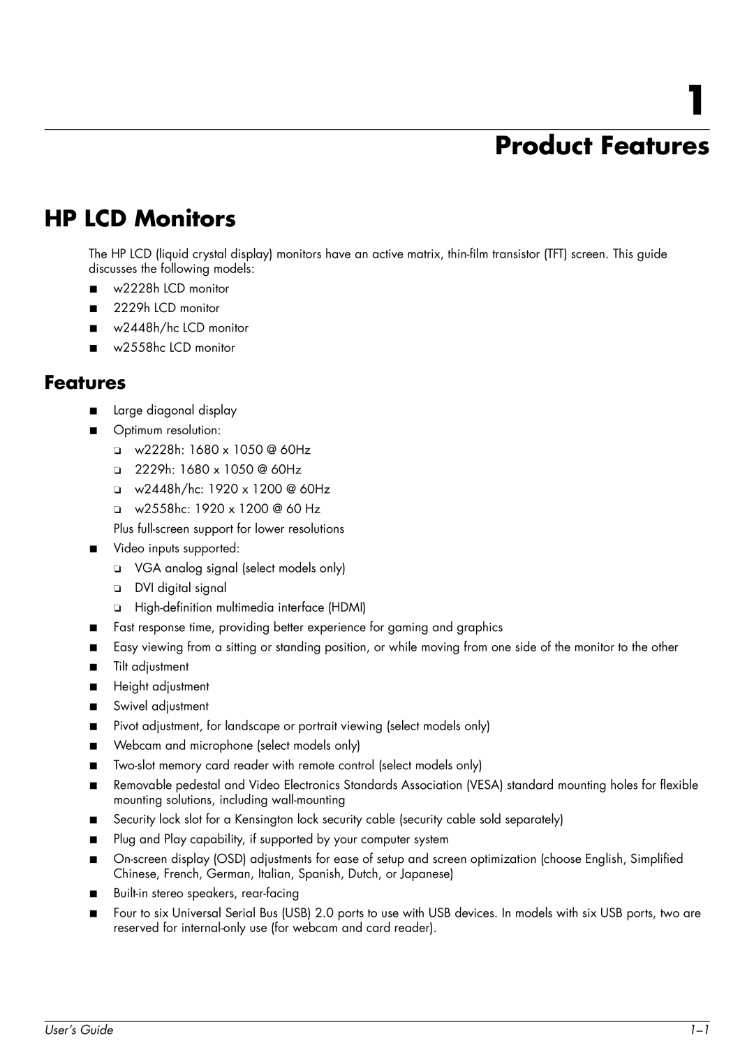 HP W2558HC, 2229H, W2228H, W2448H/HC manual Product Features, HP LCD Monitors 