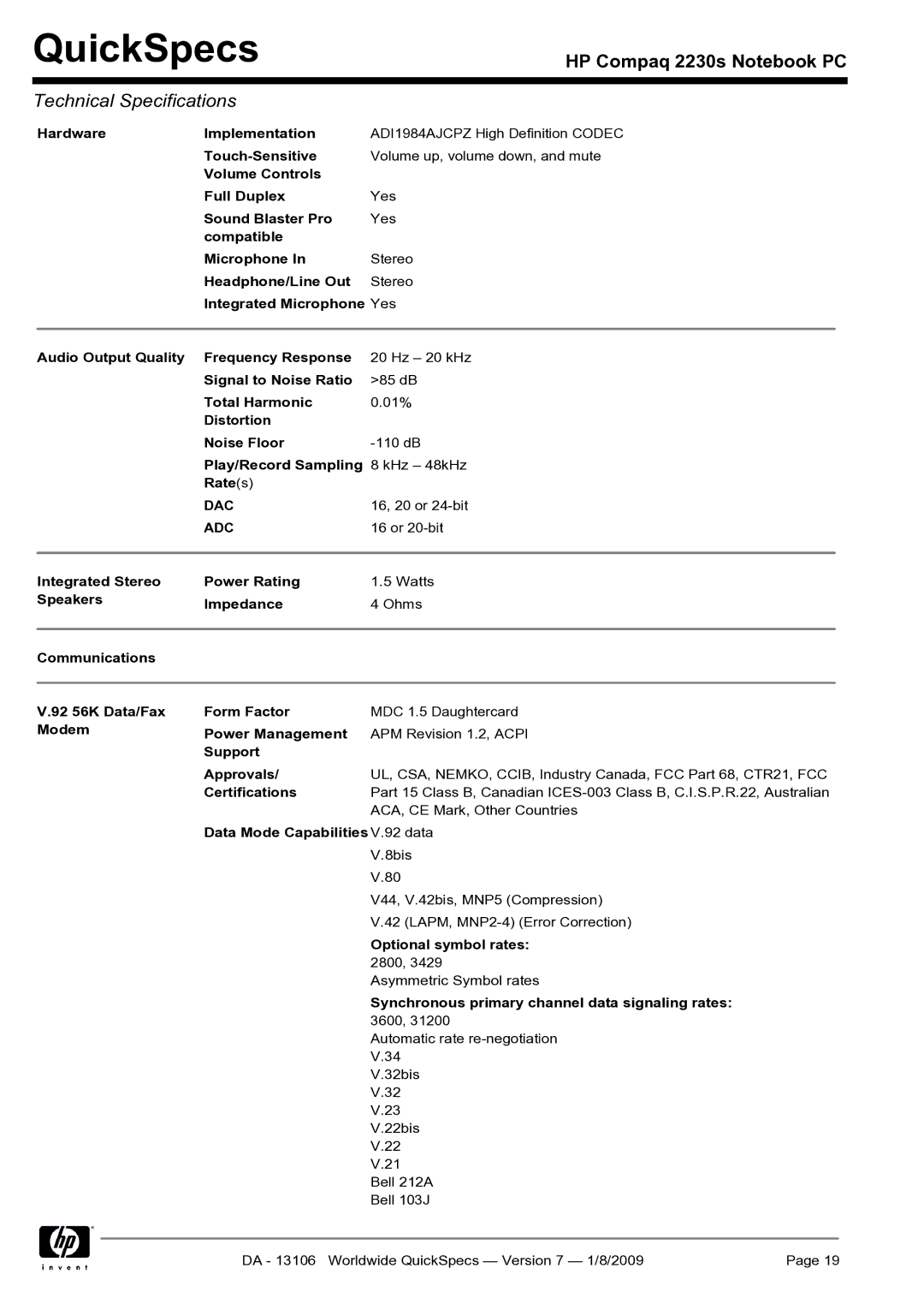 HP 2230s 2230s manual 16, 20 or 24-bit, Or 20-bit, Data Mode Capabilities V.92 data 