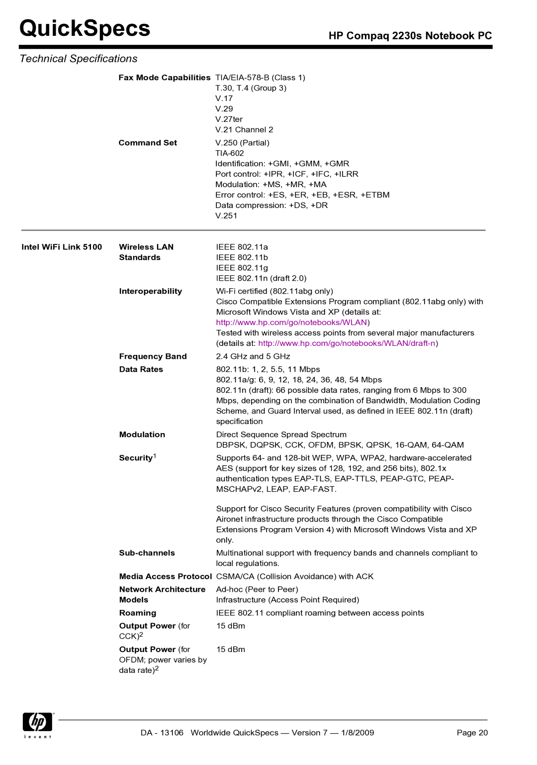 HP 2230s 2230s Command Set, Intel WiFi Link Wireless LAN, Standards, Interoperability, Frequency Band, Data Rates, Models 